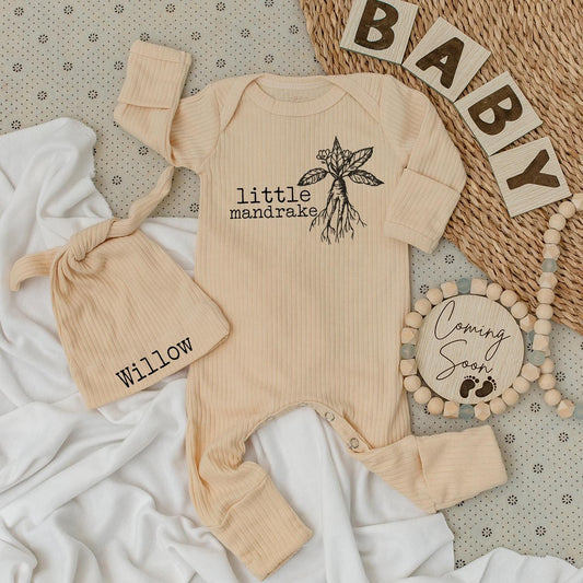 Little Mandrake Baby Bodysuit & Hat Set, Whimsical Botanical Art, Unisex Baby Gift, New Baby Announcement, Magical Clothes, Going Home Outfit