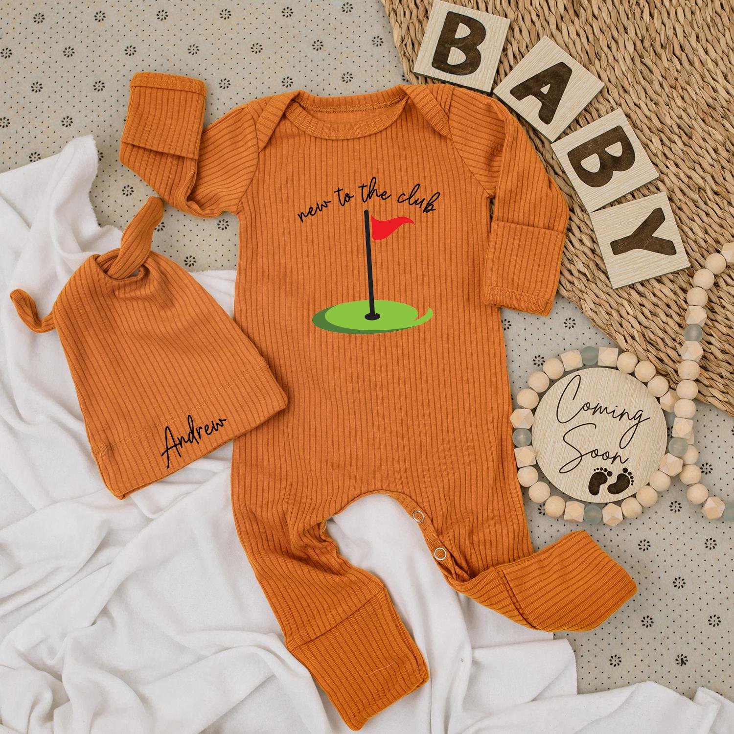 New to the Club Golf Baby Bodysuit and Hat Set Personalized Name Newborn Shower Gift Long Sleeve Welcome Outfit Playful Cartoonish Design