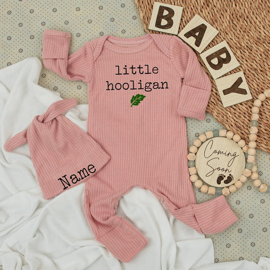 Little Hooligan Baby Bodysuit and Hat Set Green Leaf Minimalist Modern Newborn Outfit Unisex Baby Gift Going Home Outfit