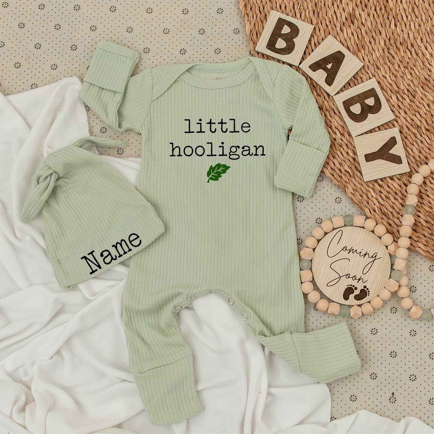 Little Hooligan Baby Bodysuit and Hat Set Green Leaf Minimalist Modern Newborn Outfit Unisex Baby Gift Going Home Outfit