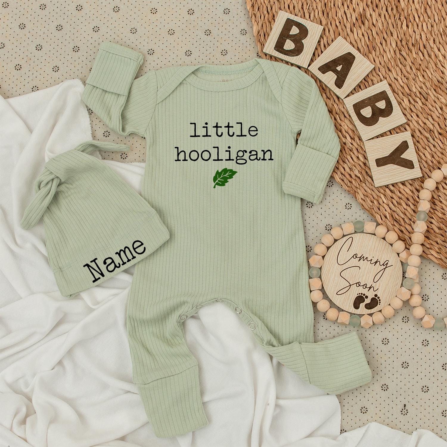 Little Hooligan Baby Bodysuit and Hat Set Green Leaf Minimalist Modern Newborn Outfit Unisex Baby Gift Going Home Outfit