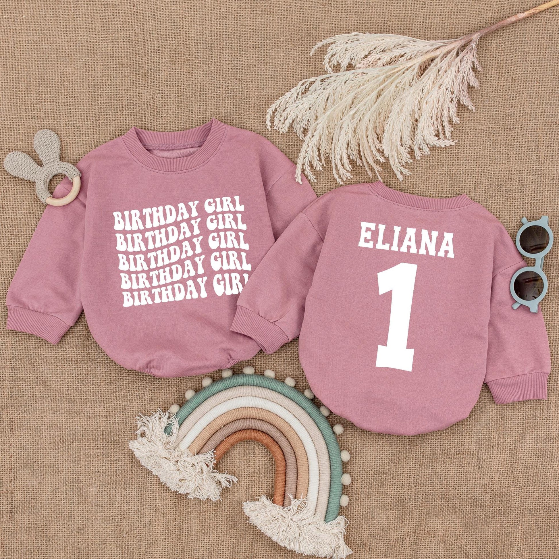 Personalized Birthday Girl Romper: Retro 1st Birthday Outfit, Alison's First Birthday Long Sleeve Bubble Romper, Pink Birthday Romper, Party Outfit (Custom Name)
