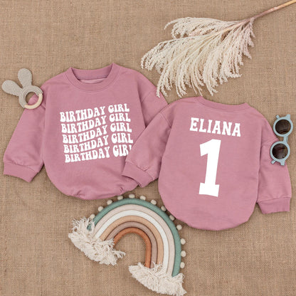 Personalized Birthday Girl Romper: Retro 1st Birthday Outfit, Alison's First Birthday Long Sleeve Bubble Romper, Pink Birthday Romper, Party Outfit (Custom Name)