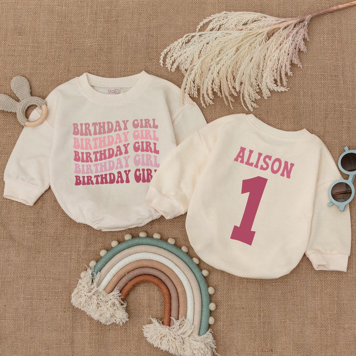 Personalized Birthday Girl Romper: Retro 1st Birthday Outfit, Alison's First Birthday Long Sleeve Bubble Romper, Pink Birthday Romper, Party Outfit (Custom Name)