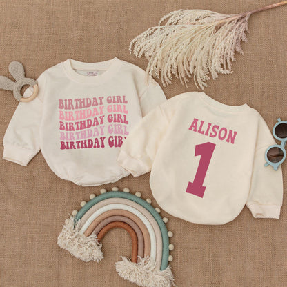 Personalized Birthday Girl Romper: Retro 1st Birthday Outfit, Alison's First Birthday Long Sleeve Bubble Romper, Pink Birthday Romper, Party Outfit (Custom Name)