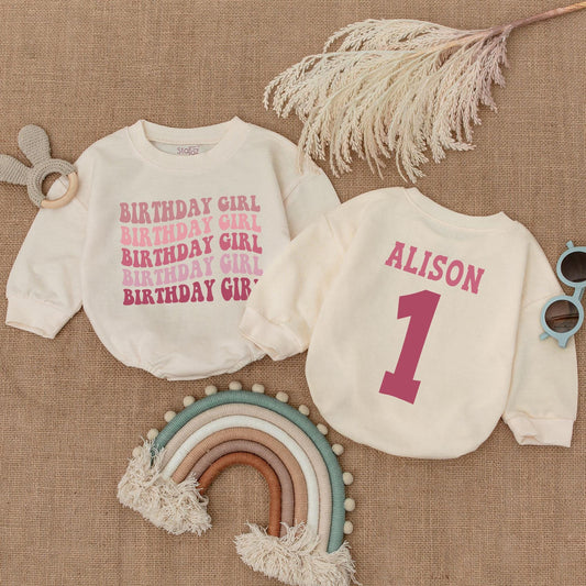 Personalized Birthday Girl Romper: Retro 1st Birthday Outfit, Alison's First Birthday Long Sleeve Bubble Romper, Pink Birthday Romper, Party Outfit (Custom Name)