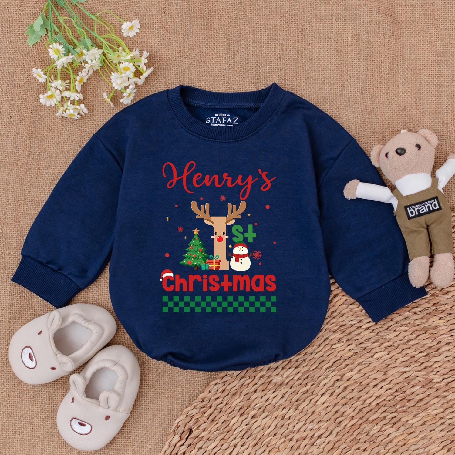 Baby's 1st Christmas Romper - Cute Retro Santa & Reindeer Outfit  