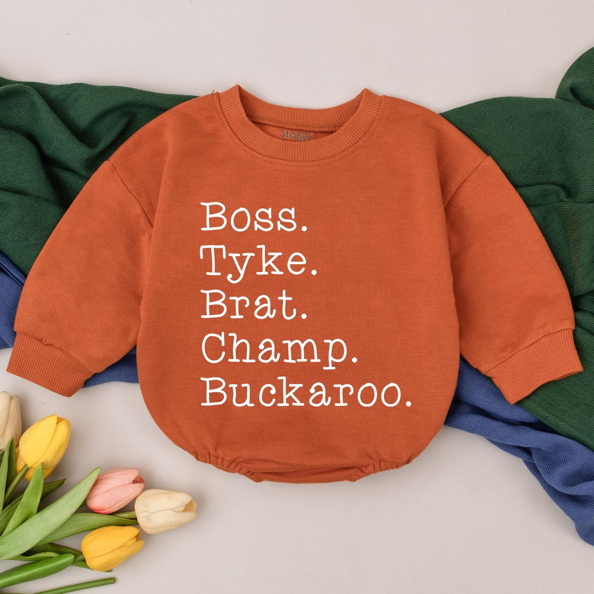 Personalized Nickname Baby Romper with Boss Tyke Brat Champ Buckaroo Black Text Design Long Sleeve Bodysuit Newborn Girls Boys Baby Shower Gift Going Home Outfit