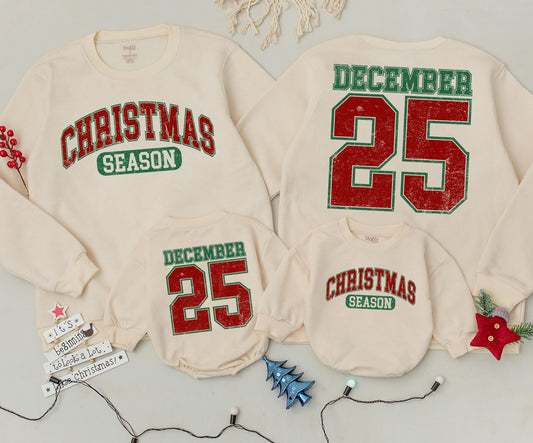 Vintage Distressed December 25 Sweatshirt Two Sided Toddler Baby Romper Christmas Holiday Outfit Cute Newborn Gift Red Green Design