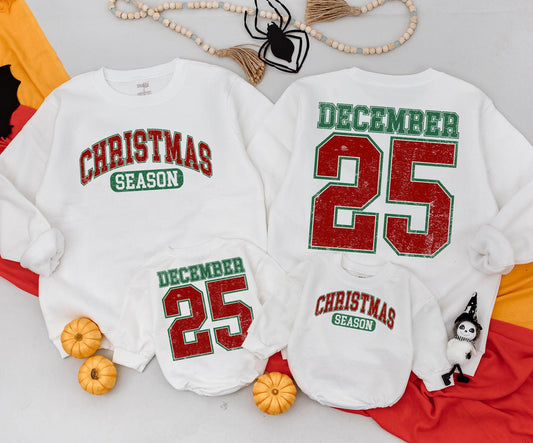 Vintage Distressed December 25 Sweatshirt Two Sided Toddler Baby Romper Christmas Holiday Outfit Cute Newborn Gift Red Green Design