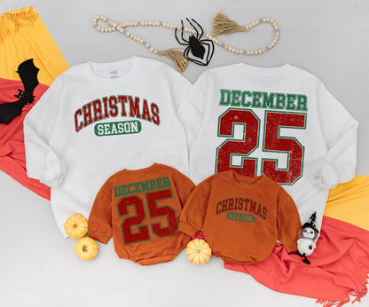 Vintage Distressed December 25 Sweatshirt Two Sided Toddler Baby Romper Christmas Holiday Outfit Cute Newborn Gift Red Green Design