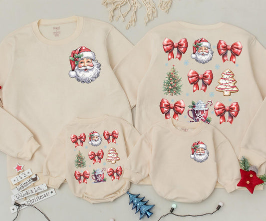 Vintage Santa Christmas Sweatshirt Toddler Outfit, Retro Holiday Romper, Cute Xmas Newborn Clothing, Red Bows & Checkered Ribbon, 2 Sided Kids Gift