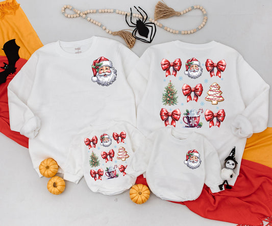 Vintage Santa Christmas Sweatshirt Toddler Outfit, Retro Holiday Romper, Cute Xmas Newborn Clothing, Red Bows & Checkered Ribbon, 2 Sided Kids Gift