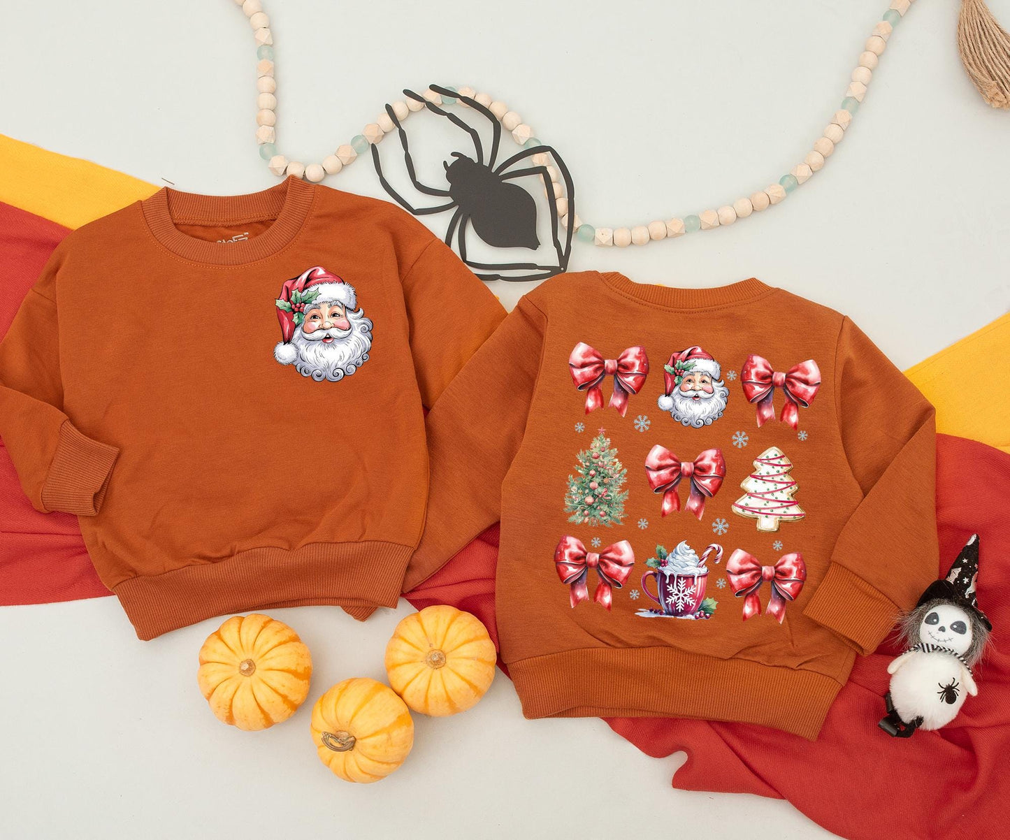 Vintage Santa Christmas Sweatshirt Toddler Outfit, Retro Holiday Romper, Cute Xmas Newborn Clothing, Red Bows & Checkered Ribbon, 2 Sided Kids Gift