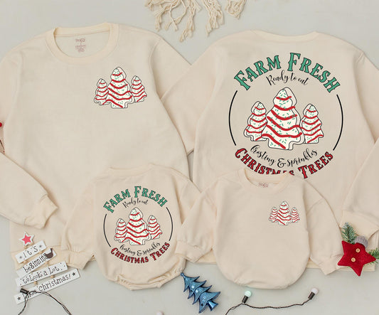 Cute Farm Fresh Christmas Tree Cakes Sweatshirt Vintage Holiday Family Matching Outfit with Frosting & Sprinkles Design for Baby Newborn Toddler Kids Gifts