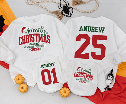 Personalized Family Christmas Sweatshirts Making Memories Together 2024, Custom Name Holiday Sweaters, Vintage Christmas Outfit Kids Baby Romper 138 chars