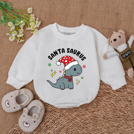 Dino Christmas Bubble Romper: Santa Saurus Baby Holiday Bodysuit