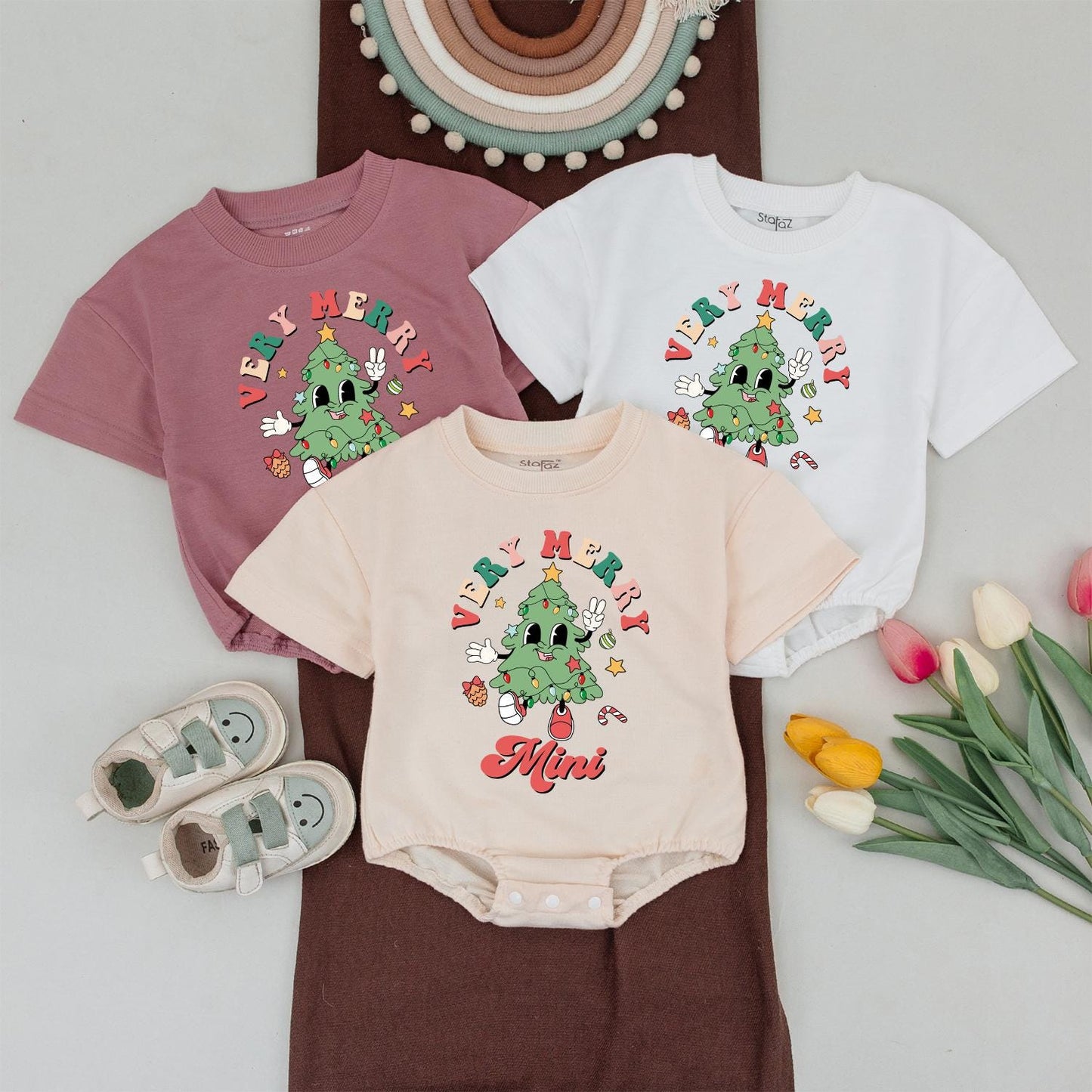 Very Merry Retro Christmas Tree Family Matching Outfits Mama Mini Brother and Dada T-Shirts Cute Baby Shower Gift