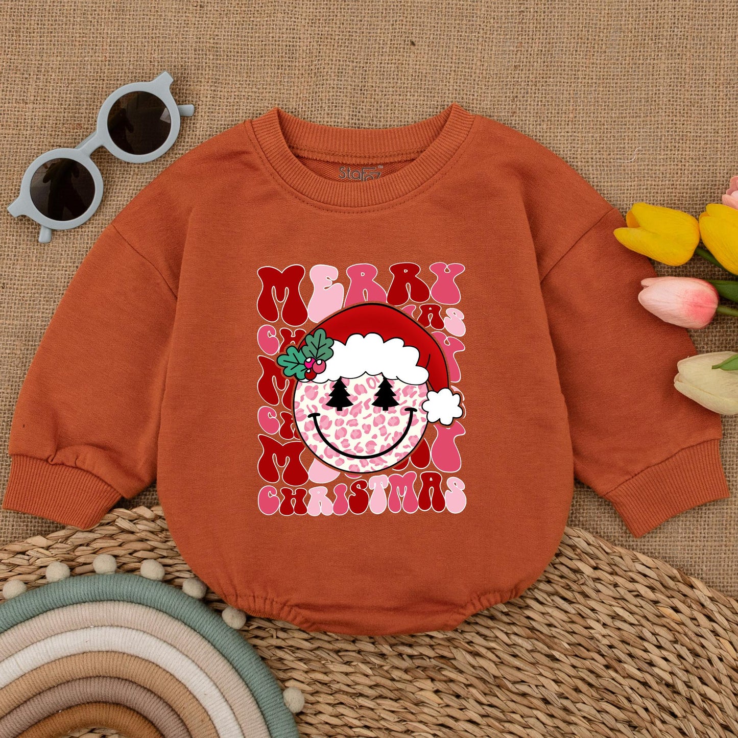 Vintage Smiley Face Christmas Baby Romper - First Christmas Outfit