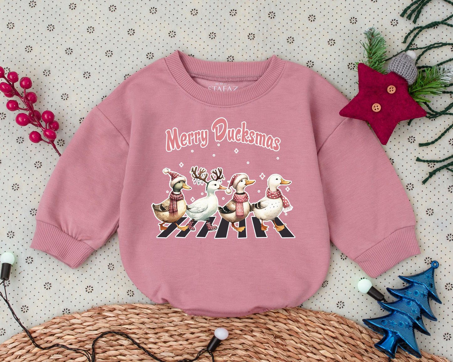 Vintage Pink Christmas Romper, Baby Girl's Holiday Outfit, Duckmas Joy