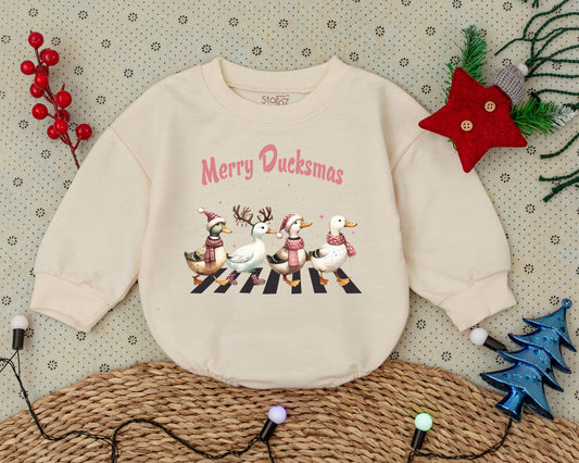 Vintage Pink Christmas Romper, Baby Girl's Holiday Outfit, Duckmas Joy