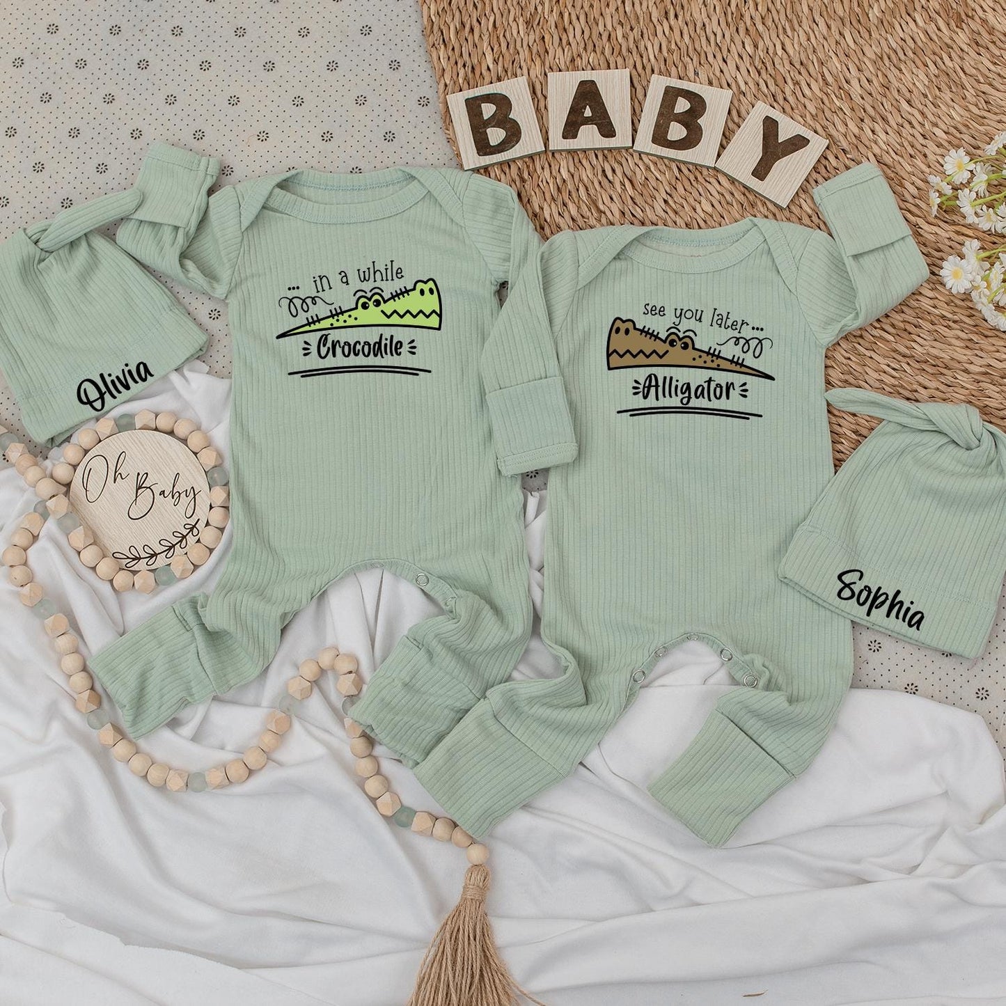 See You Later Alligator Crocodile Twin Baby Bodysuit Hat Set Newborn Gift Cute Cartoon Outfit