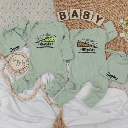 See You Later Alligator Crocodile Twin Baby Bodysuit Hat Set Newborn Gift Cute Cartoon Outfit