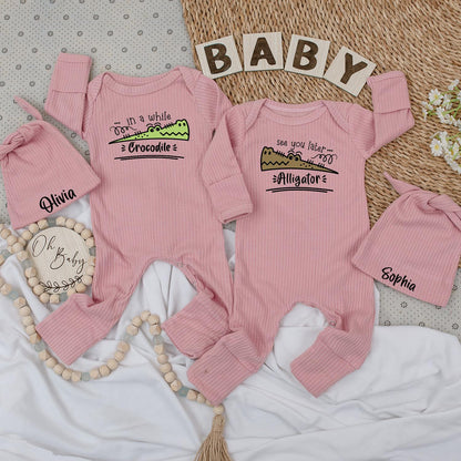 See You Later Alligator Crocodile Twin Baby Bodysuit Hat Set Newborn Gift Cute Cartoon Outfit