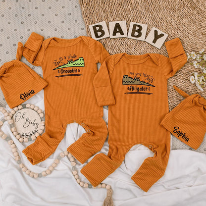 See You Later Alligator Crocodile Twin Baby Bodysuit Hat Set Newborn Gift Cute Cartoon Outfit