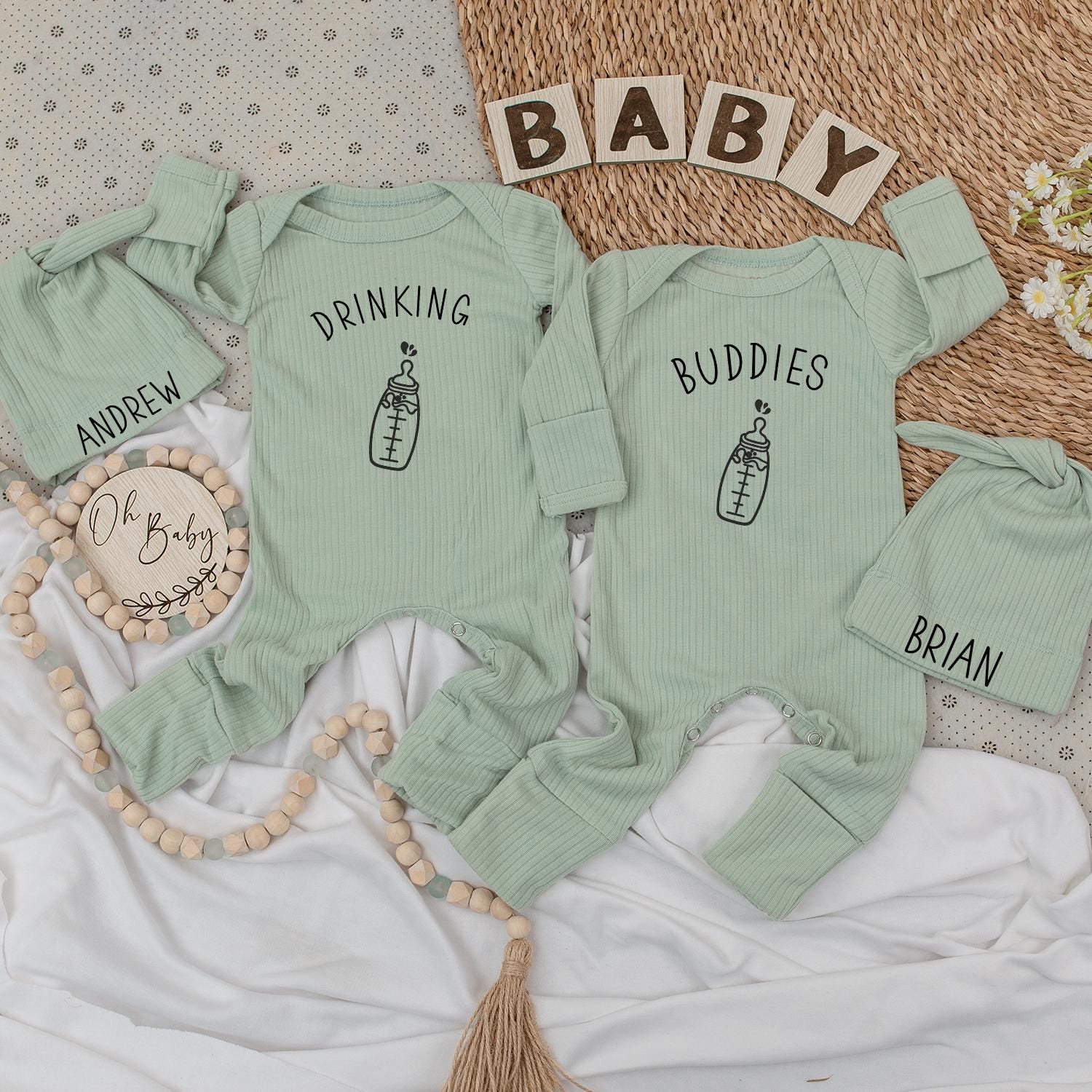 Drinking Buddies Personalized Twin Baby Bodysuit Hat Set Minimalist Bottle Design Cute Newborn Boy Girl Gift for Twins