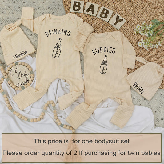 Drinking Buddies Personalized Twin Baby Bodysuit Hat Set Minimalist Bottle Design Cute Newborn Boy Girl Gift for Twins