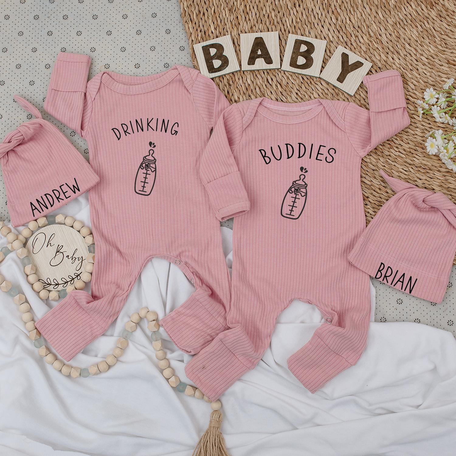 Drinking Buddies Personalized Twin Baby Bodysuit Hat Set Minimalist Bottle Design Cute Newborn Boy Girl Gift for Twins