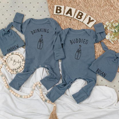 Drinking Buddies Personalized Twin Baby Bodysuit Hat Set Minimalist Bottle Design Cute Newborn Boy Girl Gift for Twins