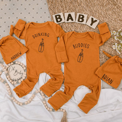 Drinking Buddies Personalized Twin Baby Bodysuit Hat Set Minimalist Bottle Design Cute Newborn Boy Girl Gift for Twins