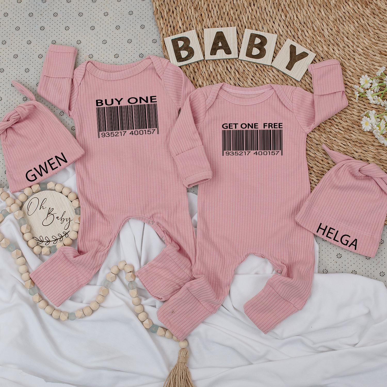 Buy One Get One Twin Baby Bodysuit and Hat Set Cute Best Friend Newborn Twin Gift Gwen Helga Barcode Humor
