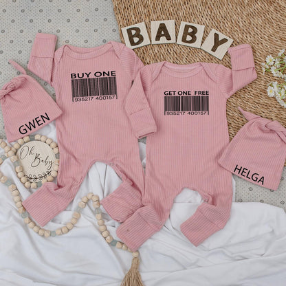 Buy One Get One Twin Baby Bodysuit and Hat Set Cute Best Friend Newborn Twin Gift Gwen Helga Barcode Humor