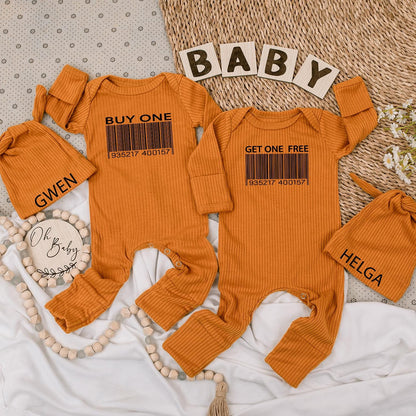 Buy One Get One Twin Baby Bodysuit and Hat Set Cute Best Friend Newborn Twin Gift Gwen Helga Barcode Humor