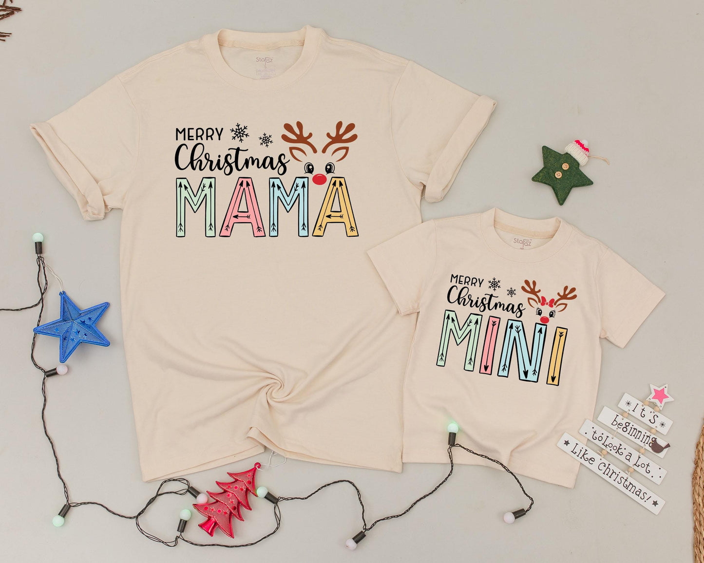 Matching Mama and Mini Reindeer Shirts, Vintage Christmas Pajamas