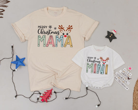 Matching Mama and Mini Reindeer Shirts, Vintage Christmas Pajamas