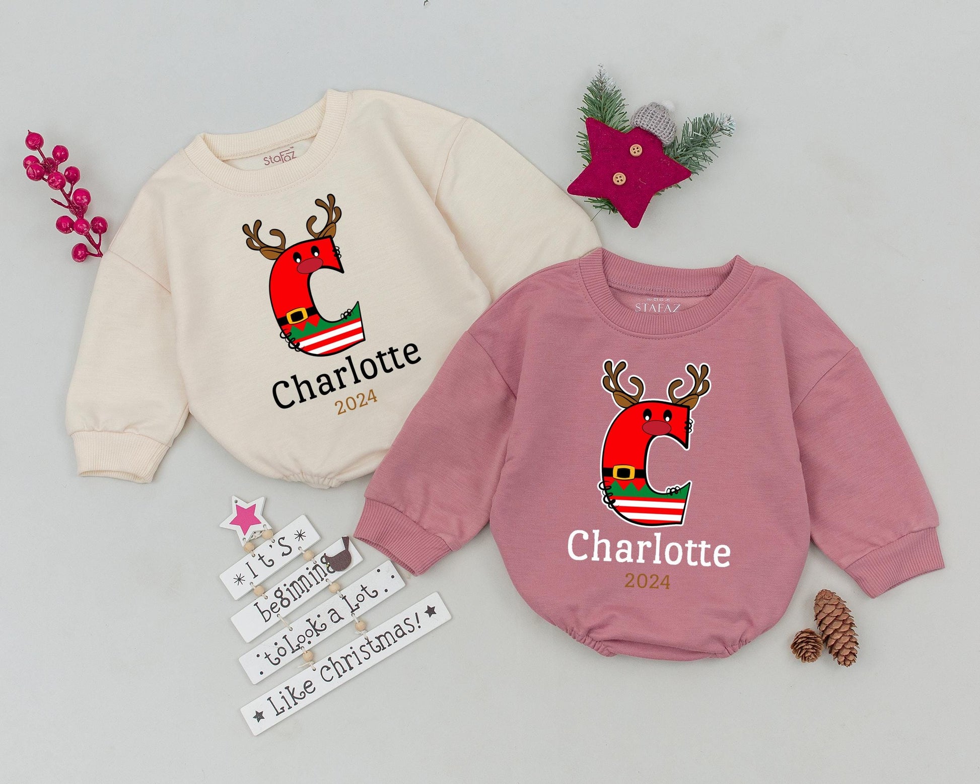 Personalized Reindeer Romper, Christmas Outfit for Babies & Newborns