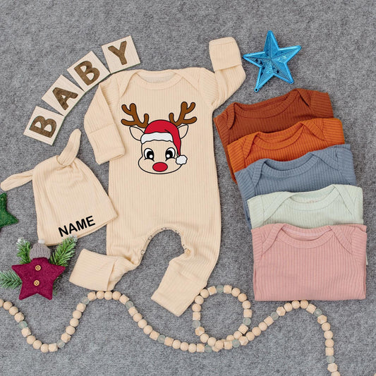 Customizable Reindeer Baby Bodysuit and Hat Cute Cartoon Santa Hat with Name Baby Christmas Outfit Shower Gift