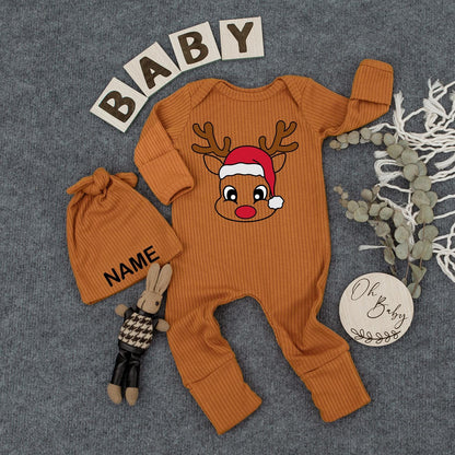 Customizable Reindeer Baby Bodysuit and Hat Cute Cartoon Santa Hat with Name Baby Christmas Outfit Shower Gift