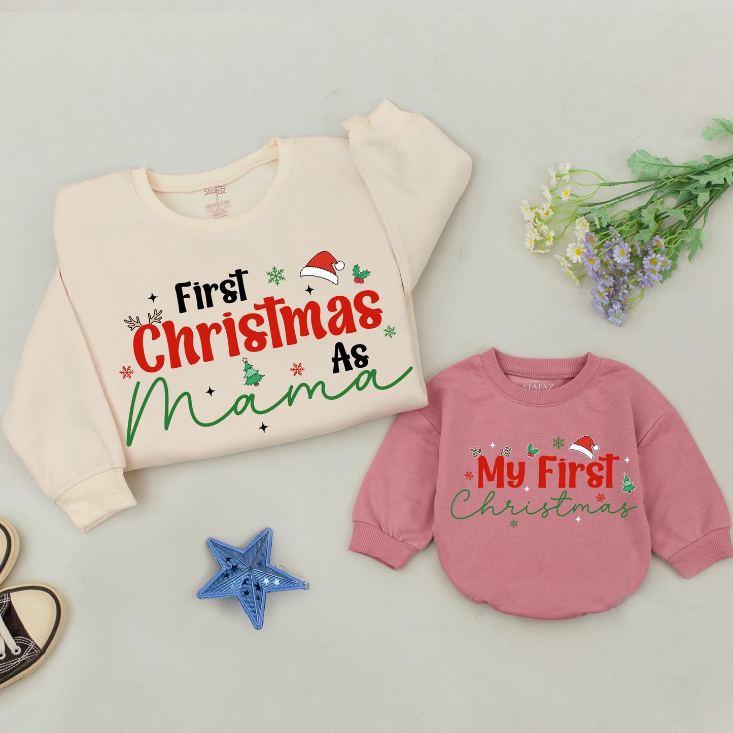First Christmas As Mama Sweatshirt Red Christmas Green Script Family Holiday Snowflakes Stars Tree Santa Hat