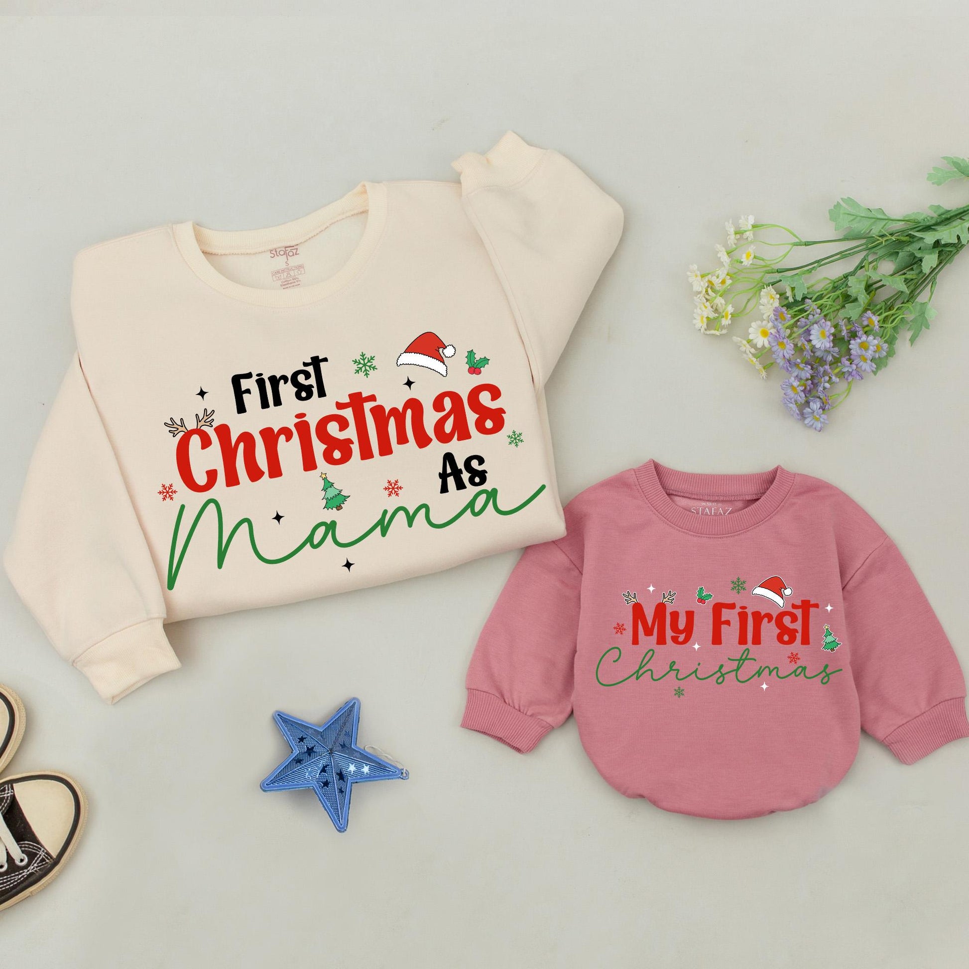 First Christmas As Mama Sweatshirt Red Christmas Green Script Family Holiday Snowflakes Stars Tree Santa Hat
