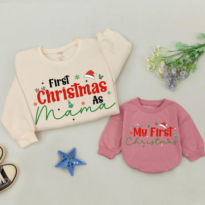 First Christmas As Mama Sweatshirt Red Christmas Green Script Family Holiday Snowflakes Stars Tree Santa Hat