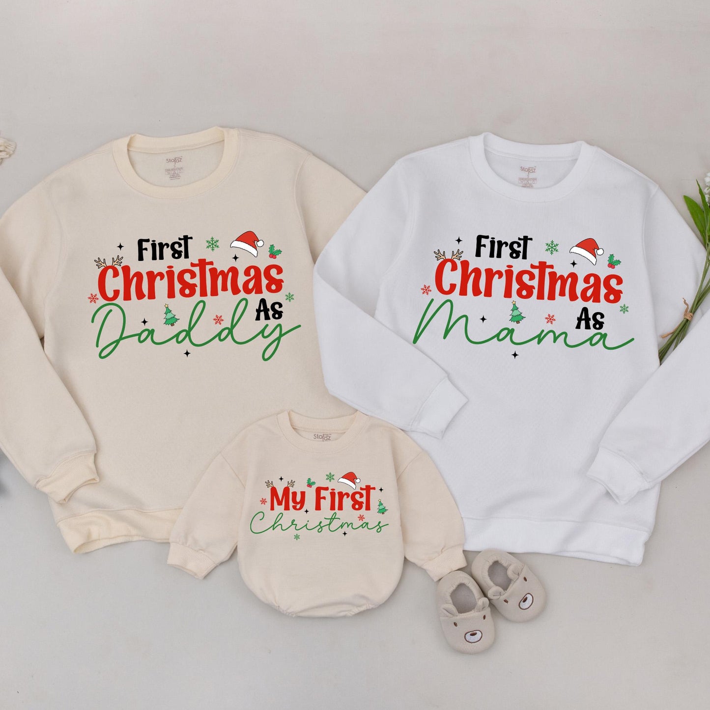 First Christmas As Mama Sweatshirt Red Christmas Green Script Family Holiday Snowflakes Stars Tree Santa Hat
