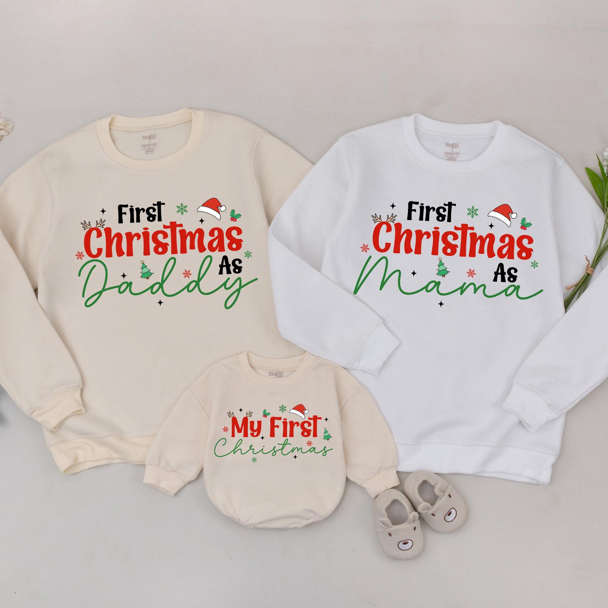First Christmas As Mama Sweatshirt Red Christmas Green Script Family Holiday Snowflakes Stars Tree Santa Hat