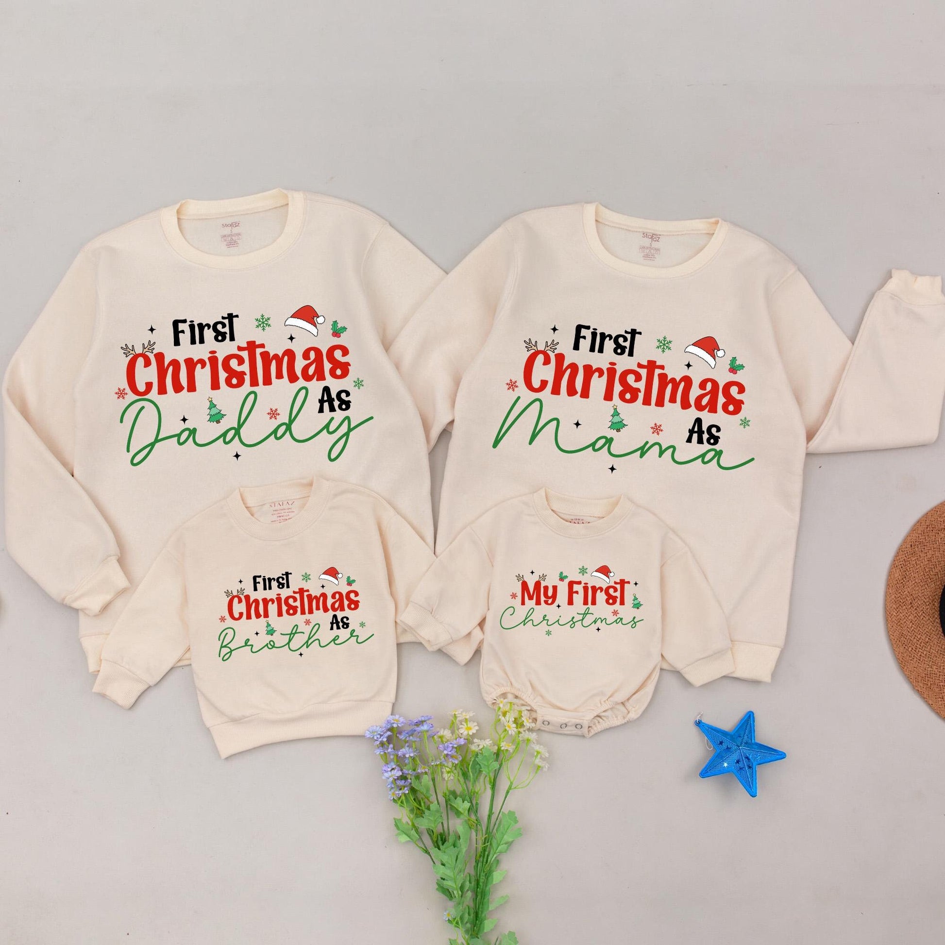 First Christmas As Mama Sweatshirt Red Christmas Green Script Family Holiday Snowflakes Stars Tree Santa Hat