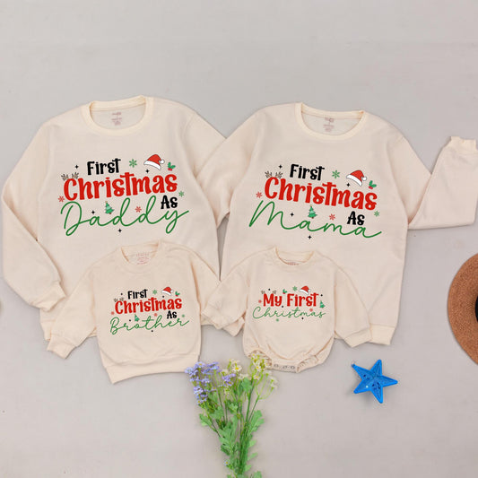First Christmas As Mama Sweatshirt Red Christmas Green Script Family Holiday Snowflakes Stars Tree Santa Hat