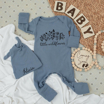 Little Wildflower Baby Bodysuit Hat Set Alicia Personalized Outfit Newborn Girl Going Home Gift Infant Clothes Long Sleeve Minimalist Floral Shower Gift 139 Chars